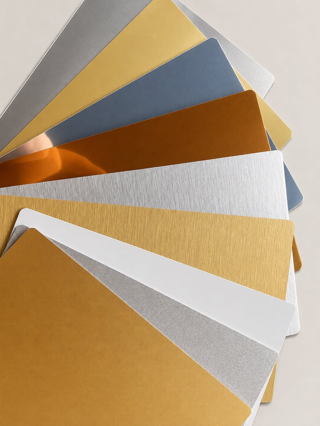White, gold, silver, brushed and colored aluminum finishes