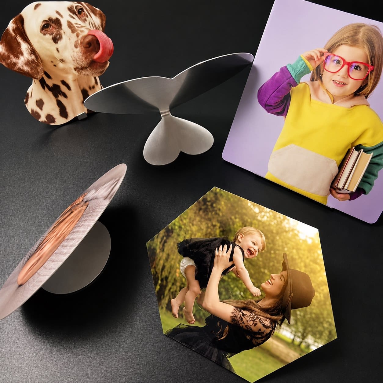 Finished custom aluminum prints in several shapes and display formats
