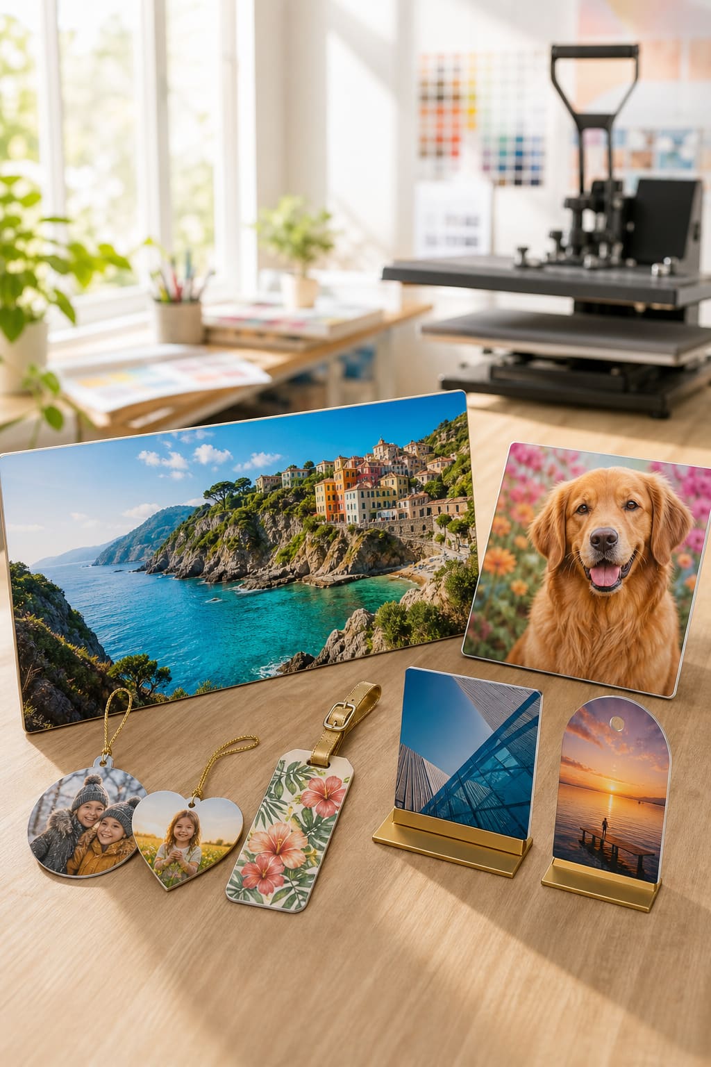 Different custom printed aluminum products arranged in a bright studio