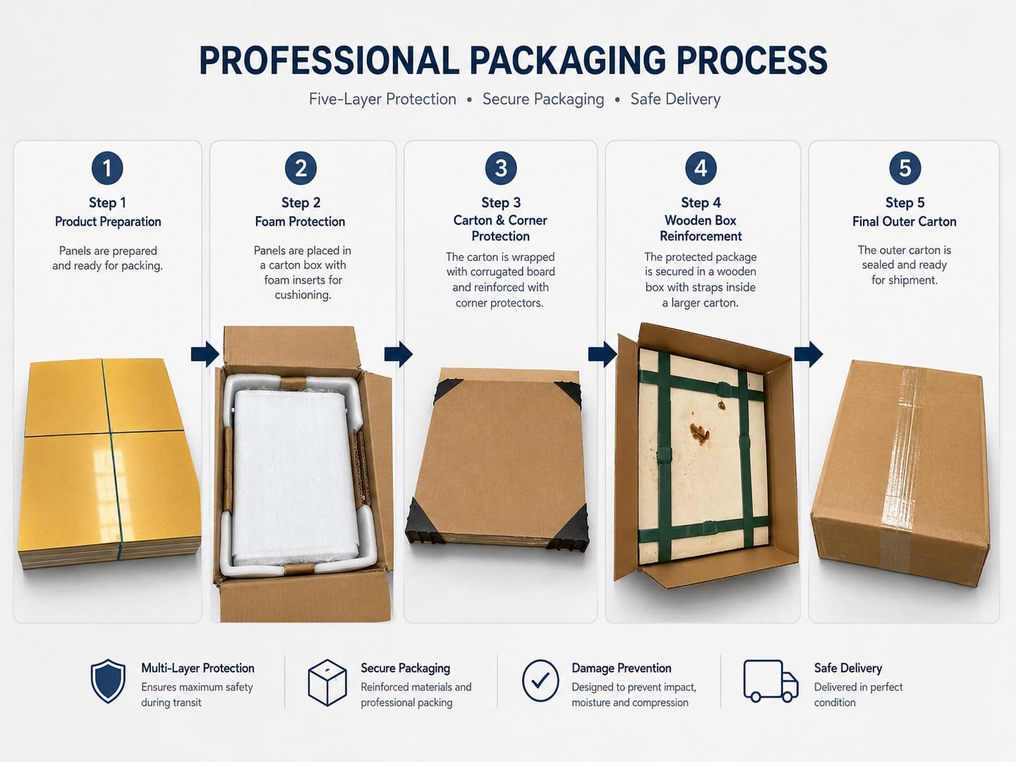Five-stage protective packaging process for aluminum panels