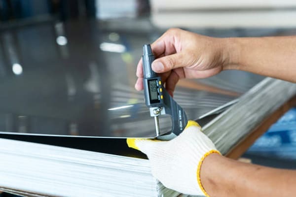 Operator measuring aluminum sheet thickness