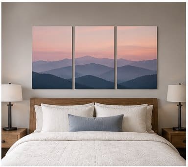 Three-panel aluminum wall art above a bedroom headboard