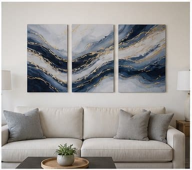 Abstract multi-panel aluminum wall art above a sofa