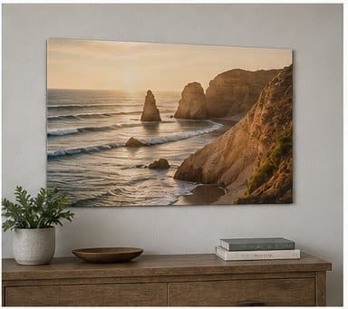 Vertical aluminum artwork displayed in a modern hallway