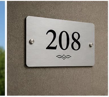 Hotel room number printed on an aluminum plaque