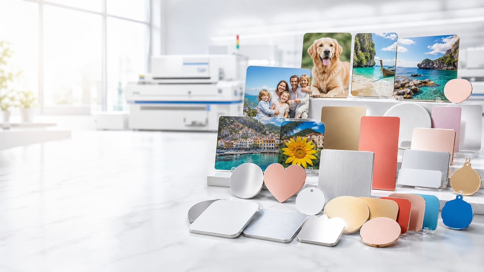 Tabletop aluminum photo display in a bright home interior