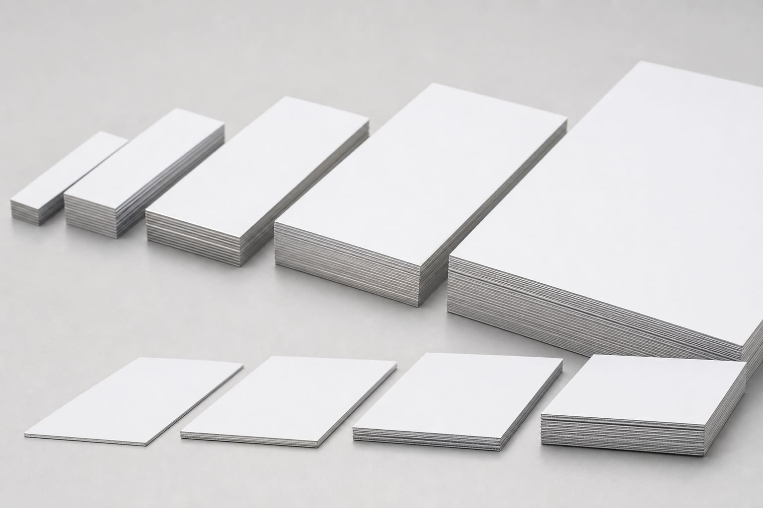Stacks of white coated aluminum sheets in different sizes